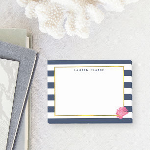 Navy Stripe & Pink Peony Post-it Notes