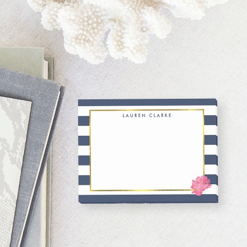 Navy Stripe  Pink Peony Post_it Notes