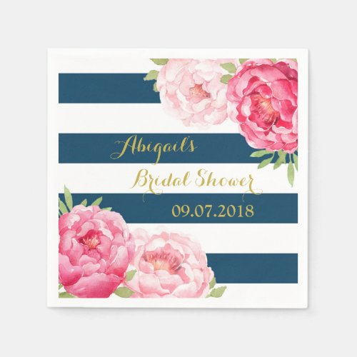 Navy Stripe Pink Watercolor Bridal Shower Napkins