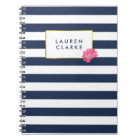 Navy Stripe & Watercolor Pink Peony Notebook