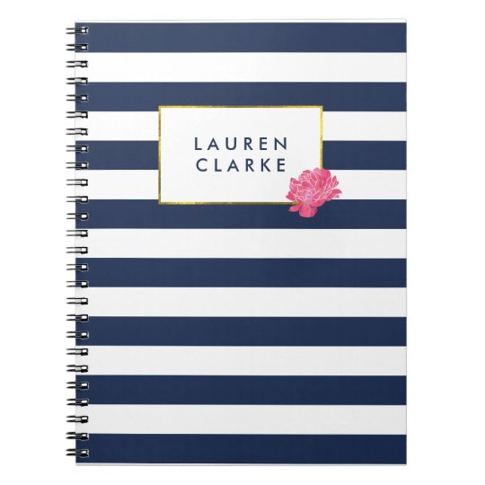 Navy Stripe Watercolor Pink Peony Notebook