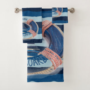 Navy Stripe Welcome on Board Wave Life Buoy Bath Towel Set