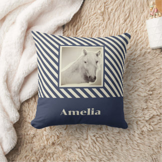 Navy Stripe White Horse Portrait Personalized Throw Pillow