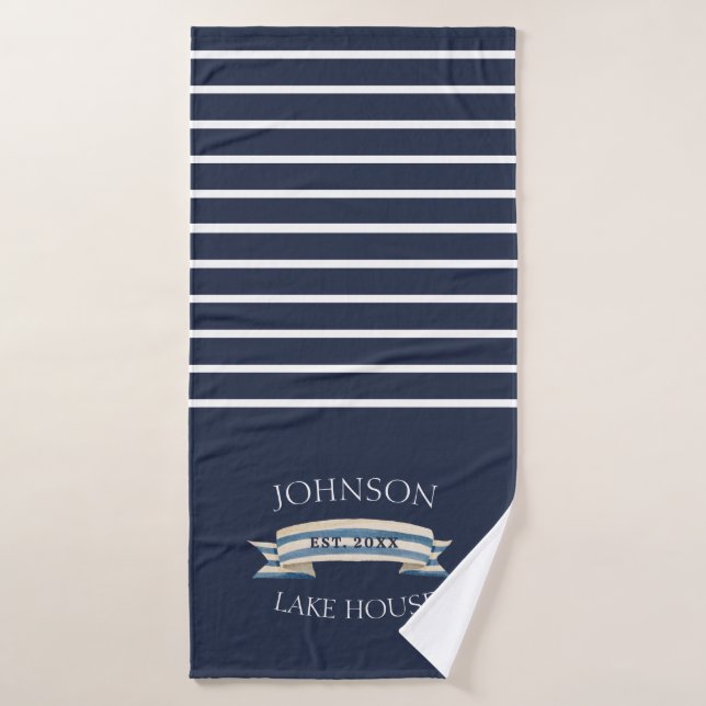 Navy Striped Anchor Lake House Bath Towel (Bath Towel)