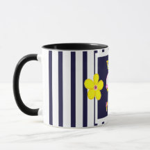 Navy Striped Bright Yellow Art Flower Mug