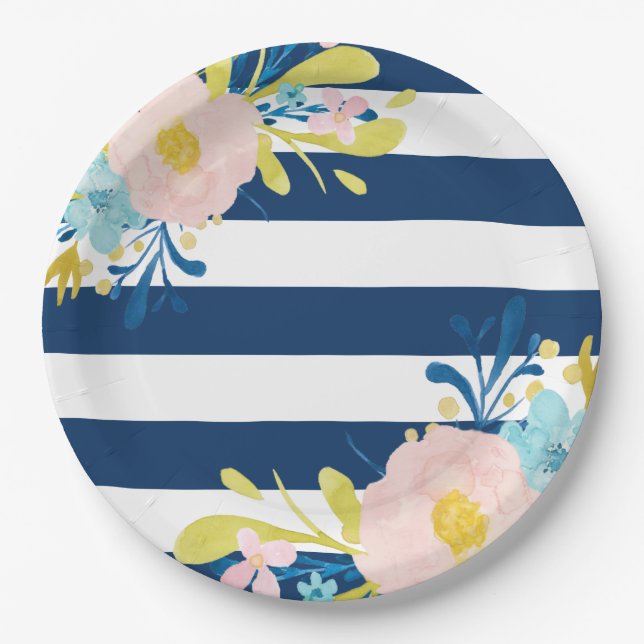 Navy Striped Floral Paper Plates (Front)