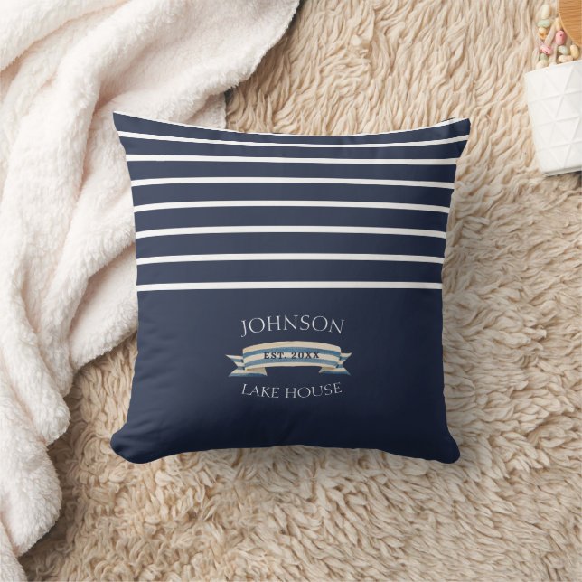 Navy Striped Lake House Anchor Throw Pillow (Blanket)