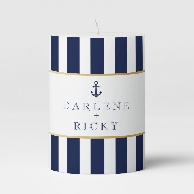 Navy Striped, Nautical Pillar Candle (Front)