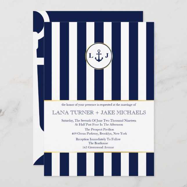 Navy Striped, Nautical Wedding Invitations (Front/Back)
