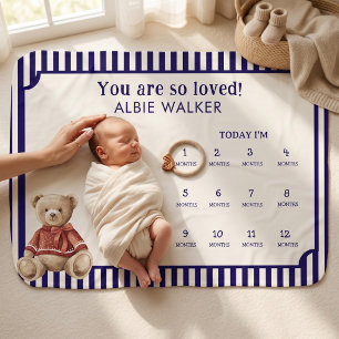 Navy Striped Teddy Bear Monthly Milestone Blanket