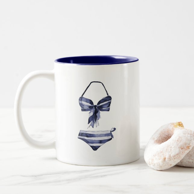 Navy Striped Vintage Swimsuit Bikini & Trunks Mug (With Donut)