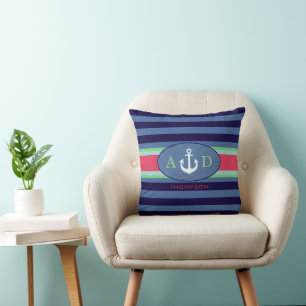 Navy Stripes, anchor & initials, custom nautical Throw Pillow