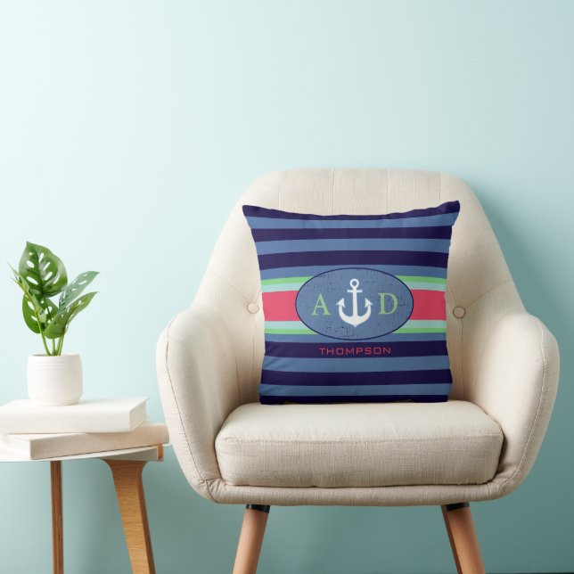 Navy Stripes, anchor & initials, custom nautical Throw Pillow (Chair)