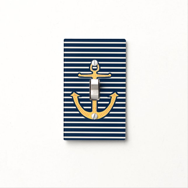 Navy Stripes Anchor Light Switch Cover (In Situ)