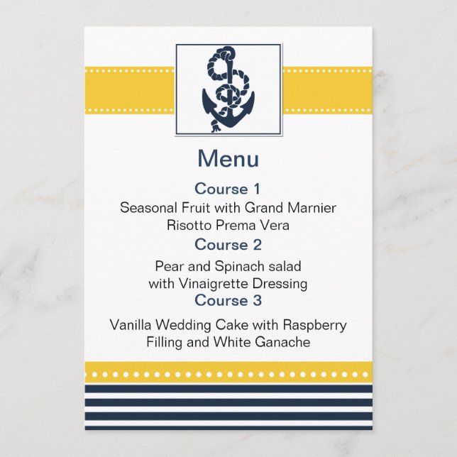 navy stripes,anchor, nautical menu cards (Front)