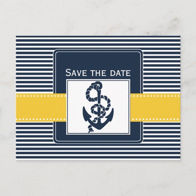 navy stripes,anchor, nautical save the date announcement postcard (Front)