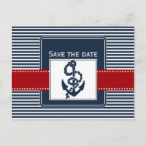 navy stripes, anchor, nautical save the date announcement postcard