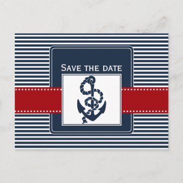 navy stripes, anchor, nautical save the date announcement postcard