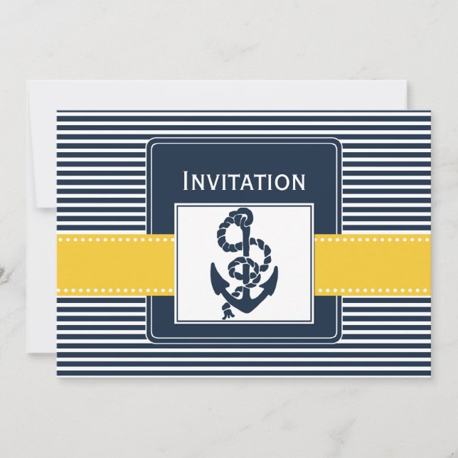 navy stripes, anchor, nautical wedding invites (Front)