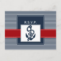 navy stripes, anchor, nautical wedding rsvp invitation postcard