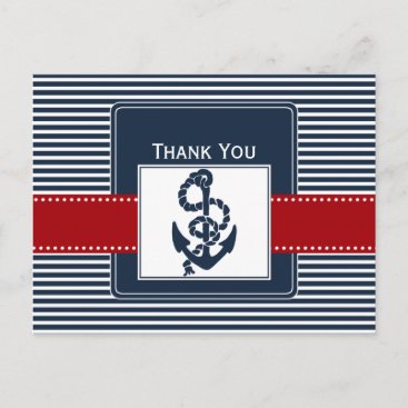 navy stripes, anchor, nautical wedding Thank you Postcard