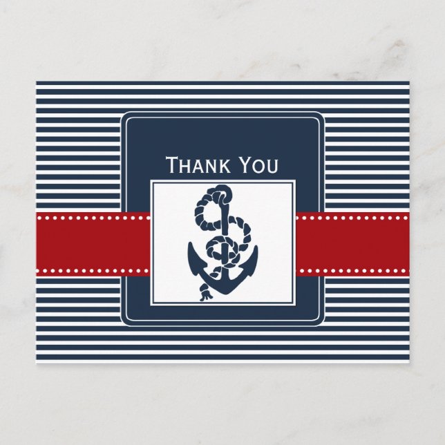 navy stripes, anchor, nautical wedding Thank you Postcard (Front)