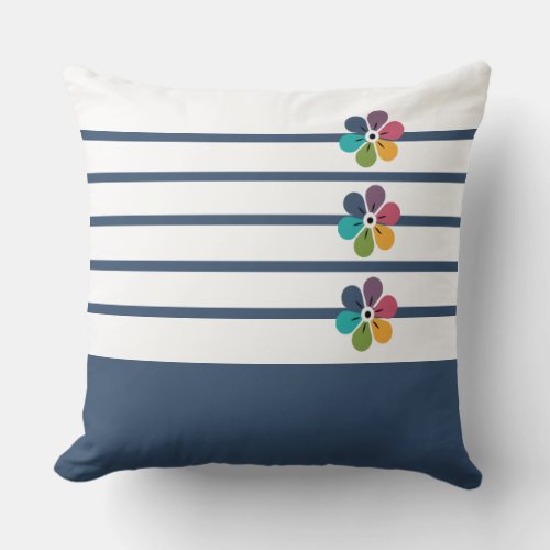 Navy Stripes and Floral Color Block Throw Pillow