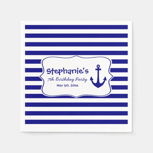 Navy Stripes and Nautical Anchor Birthday Party Napkins (Front)