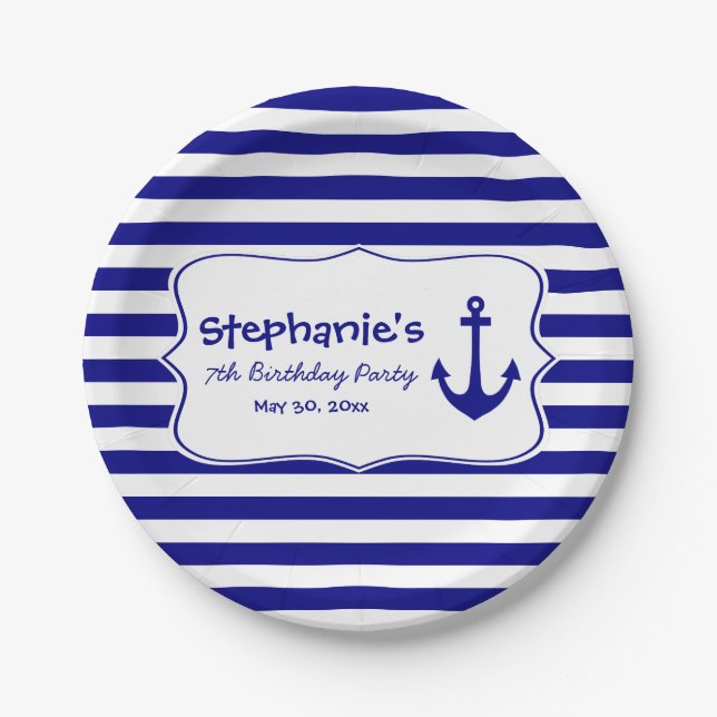 Navy Stripes and Nautical Anchor Birthday Party Paper Plates (Front)