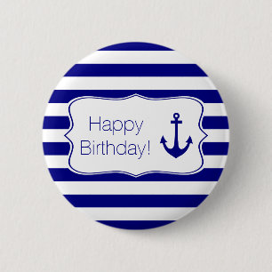 Navy Stripes and Nautical Anchor Birthday Party Pinback Button