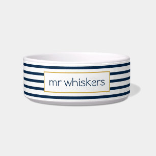 Navy Stripes Classic Nautical Custom Name Dog Bowl