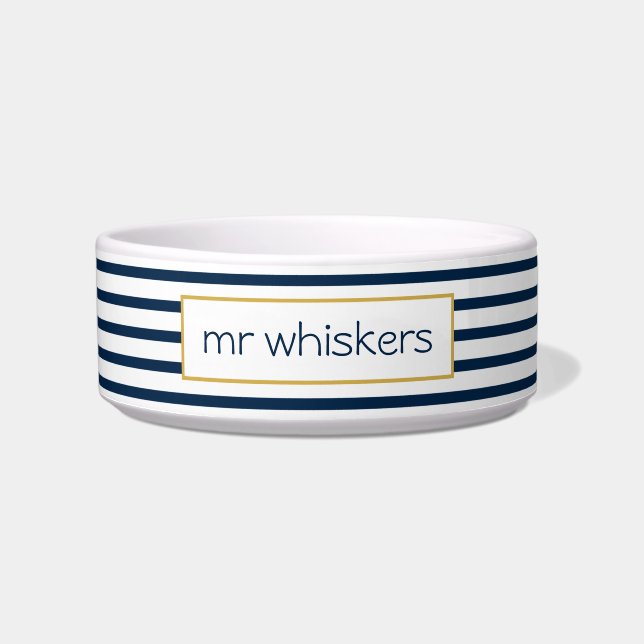 Navy Stripes Classic Nautical Custom Name Dog Bowl (Front)