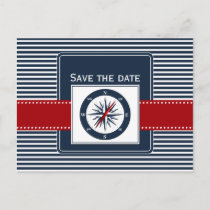 navy stripes, compass, nautical save the date announcement postcard
