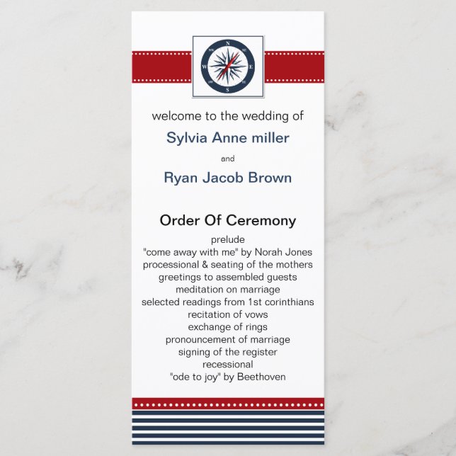 navy stripes, compass, nautical wedding programs (Front)
