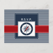 navy stripes, compass, nautical wedding rsvp invitation postcard