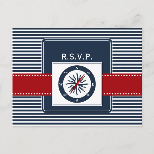 navy stripes compass nautical wedding rsvp invitation postcard