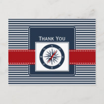 navy stripes,compass, nautical wedding Thank you Postcard