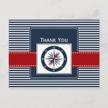 navy stripes,compass, nautical wedding Thank you Postcard