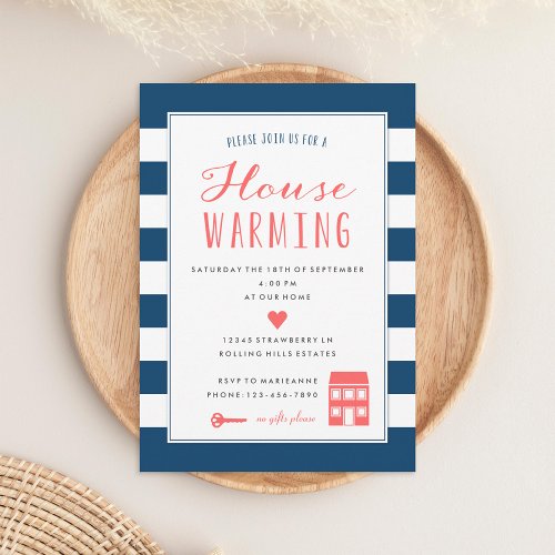 Navy Stripes Coral Housewarming Party Invitation