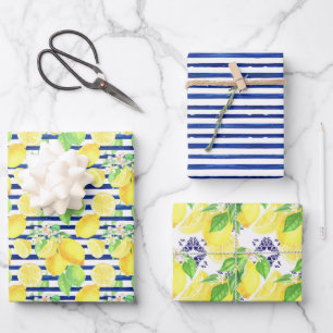 Navy Stripes & Damask with Yellow Lemons Pattern Wrapping Paper Sheets