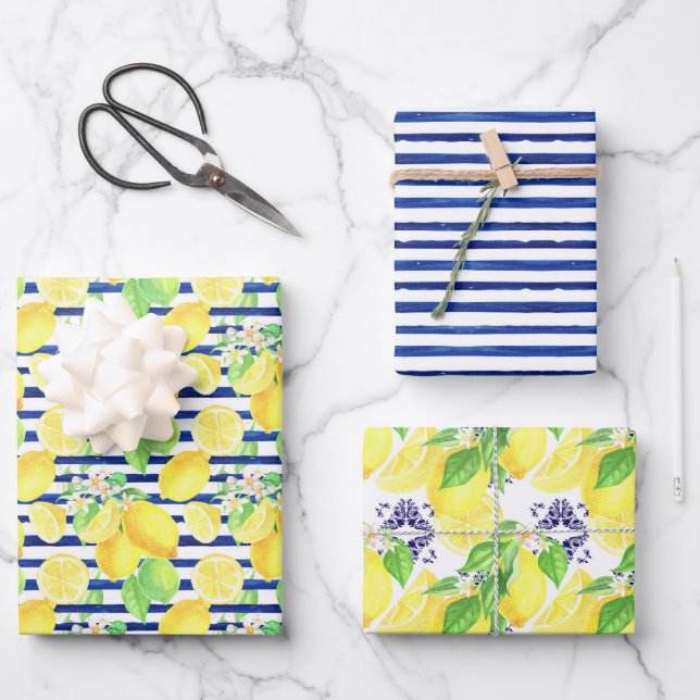 Navy Stripes & Damask with Yellow Lemons Pattern Wrapping Paper Sheets (Front)