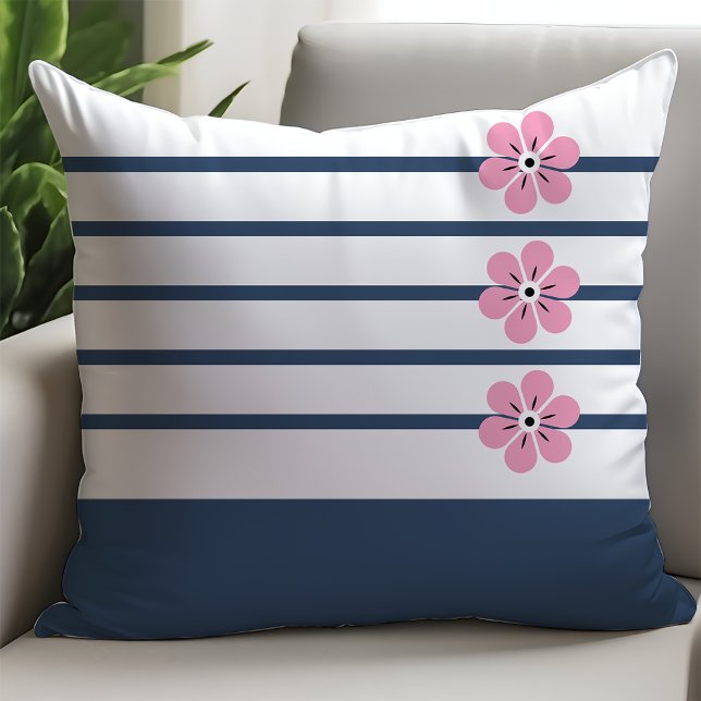 Navy Stripes Floral Color Block Throw Pillow (Creator Uploaded)