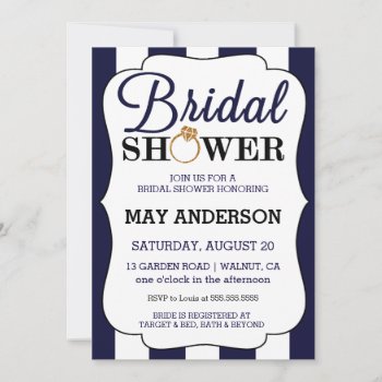 Navy Stripes Gold Glitter Bridal Shower Invitation by CleanGreenDesigns at Zazzle