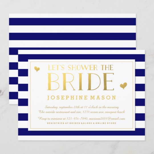 Navy Stripes Gold Hearts Bridal Shower Invitation