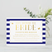 Navy Stripes Gold Hearts Bridal Shower Invitation (Standing Front)