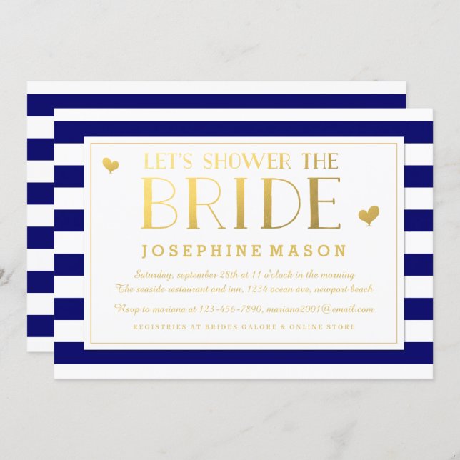 Navy Stripes Gold Hearts Bridal Shower Invitation (Front/Back)