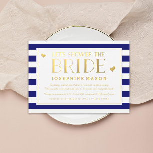 Navy Stripes Gold Hearts Bridal Shower Invitation