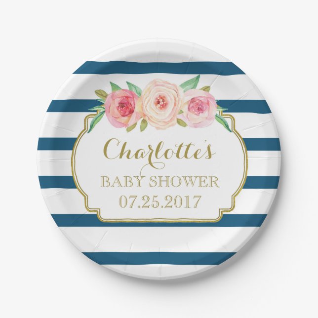 Navy Stripes Gold Pink Floral Baby Shower Plate (Front)