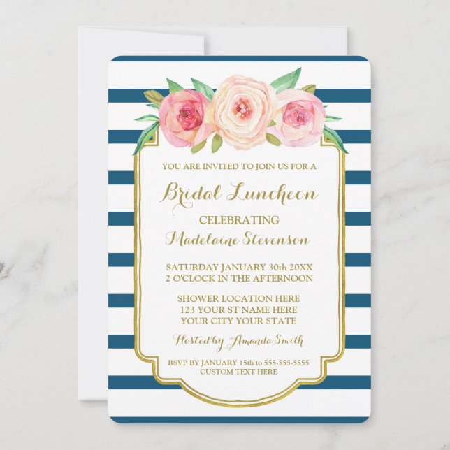 Navy Stripes Gold Pink Floral Bridal Lunch Invitation (Back)