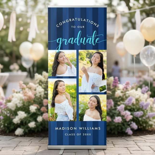 Navy Stripes Grad Turquoise Script 4 Photo Collage Retractable Banner (Creator Uploaded)